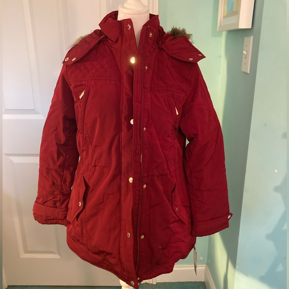 Gallery Red Puffer Jacket with Fur Trim